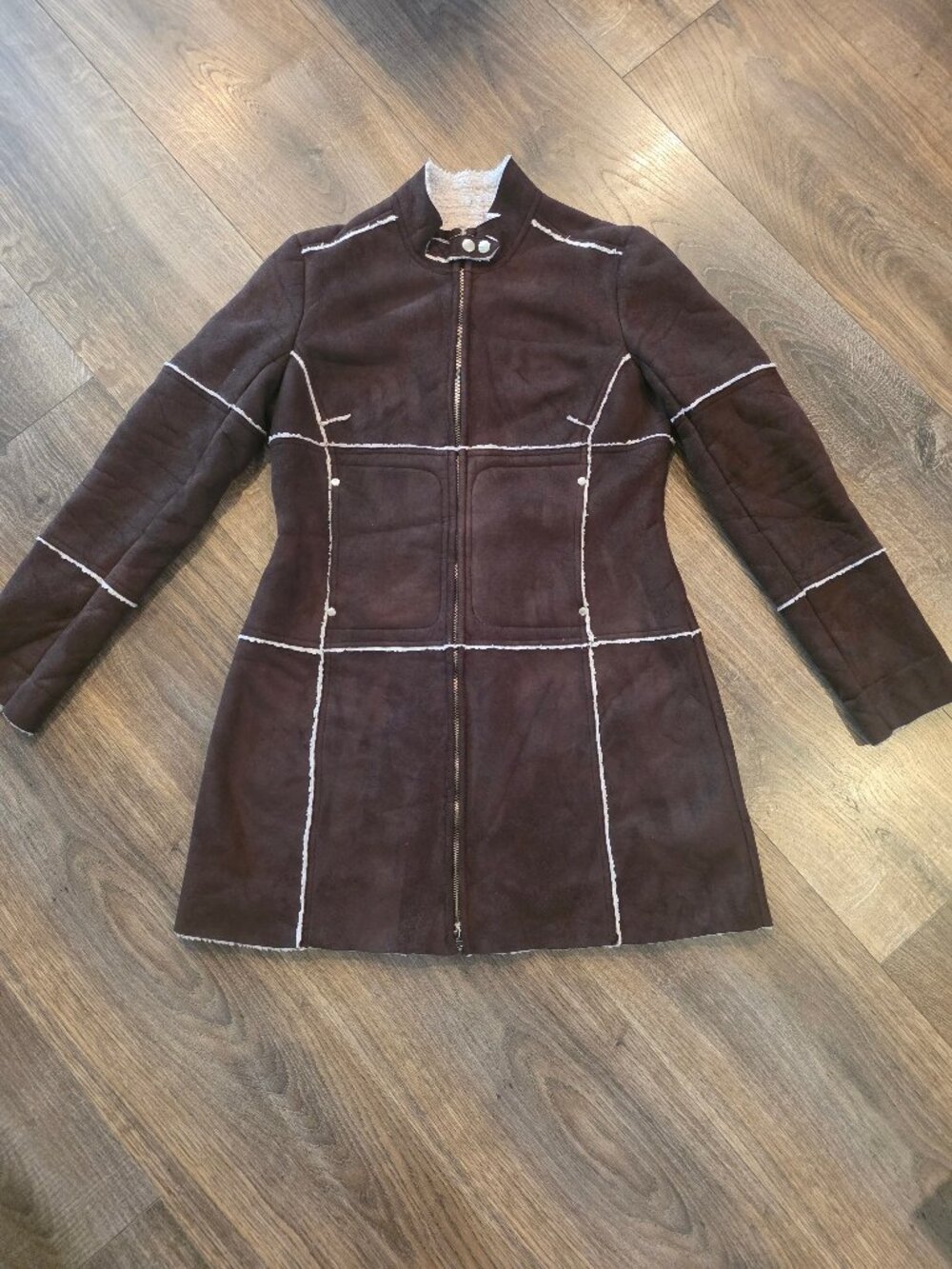 Bebe Brown Faux Suede Sherpa Trim Zip Coat Jacket Size L Y2K